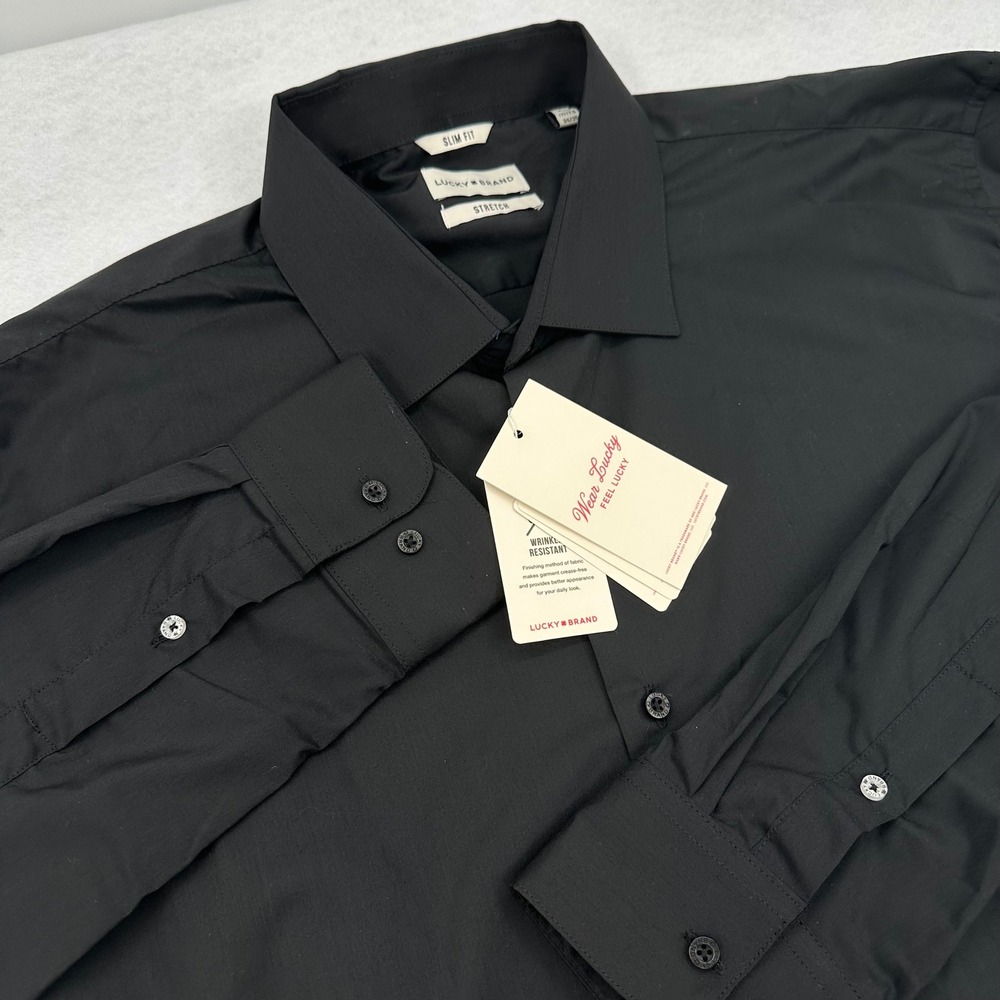 Lucky Brand Men XL Slim Fit Stretch Wrinkle Resistant Button Down Shirt Black